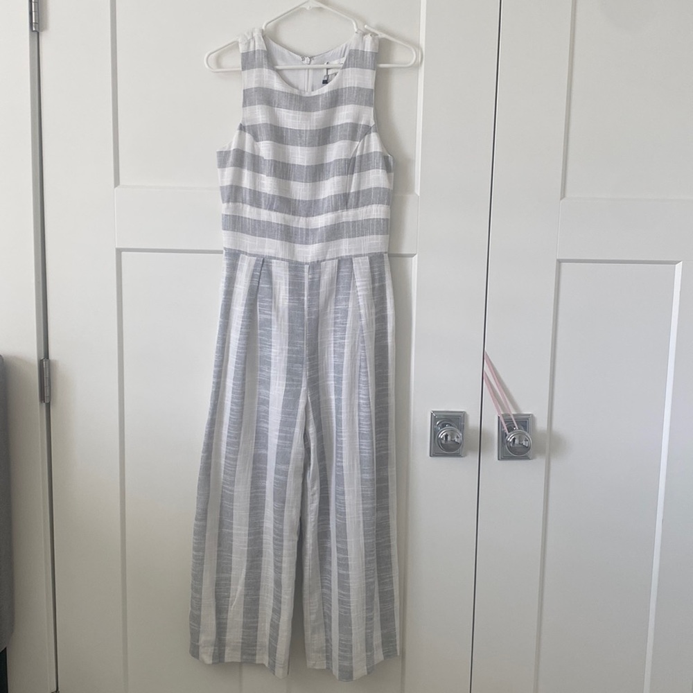 Grey abs white striped jumpsuit.